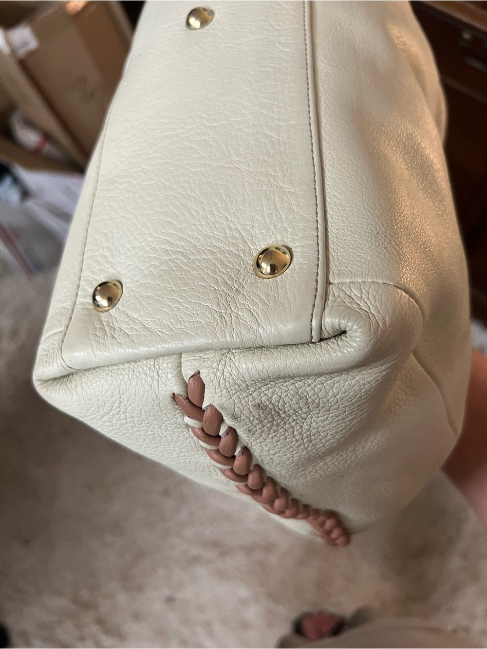 Furla Ivory Whipstitch Leather Tote with Tan Handles - Picture 8 of 10